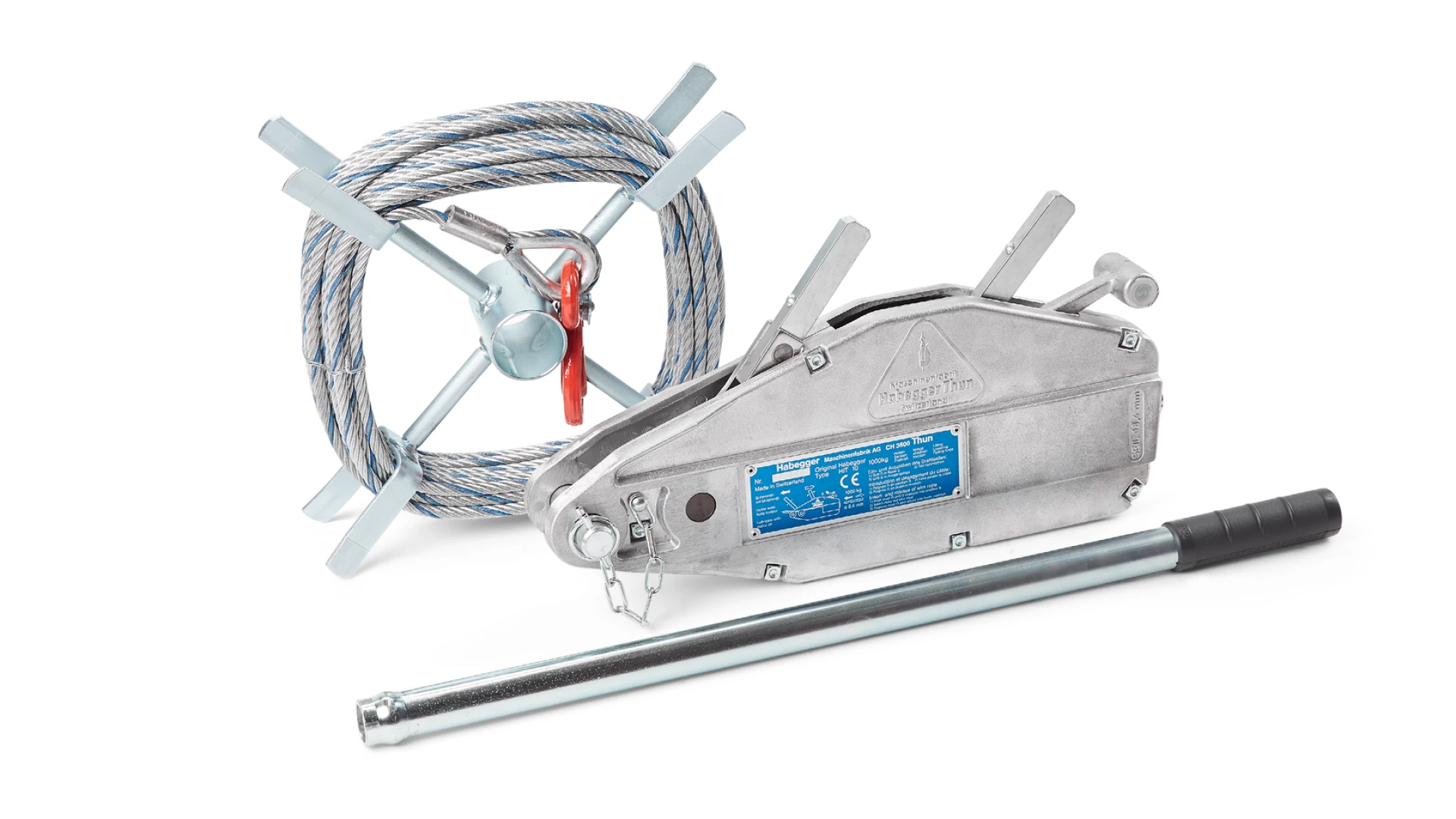 Habegger HIT-10 manual rope hoist  with lever tube and rope on reel