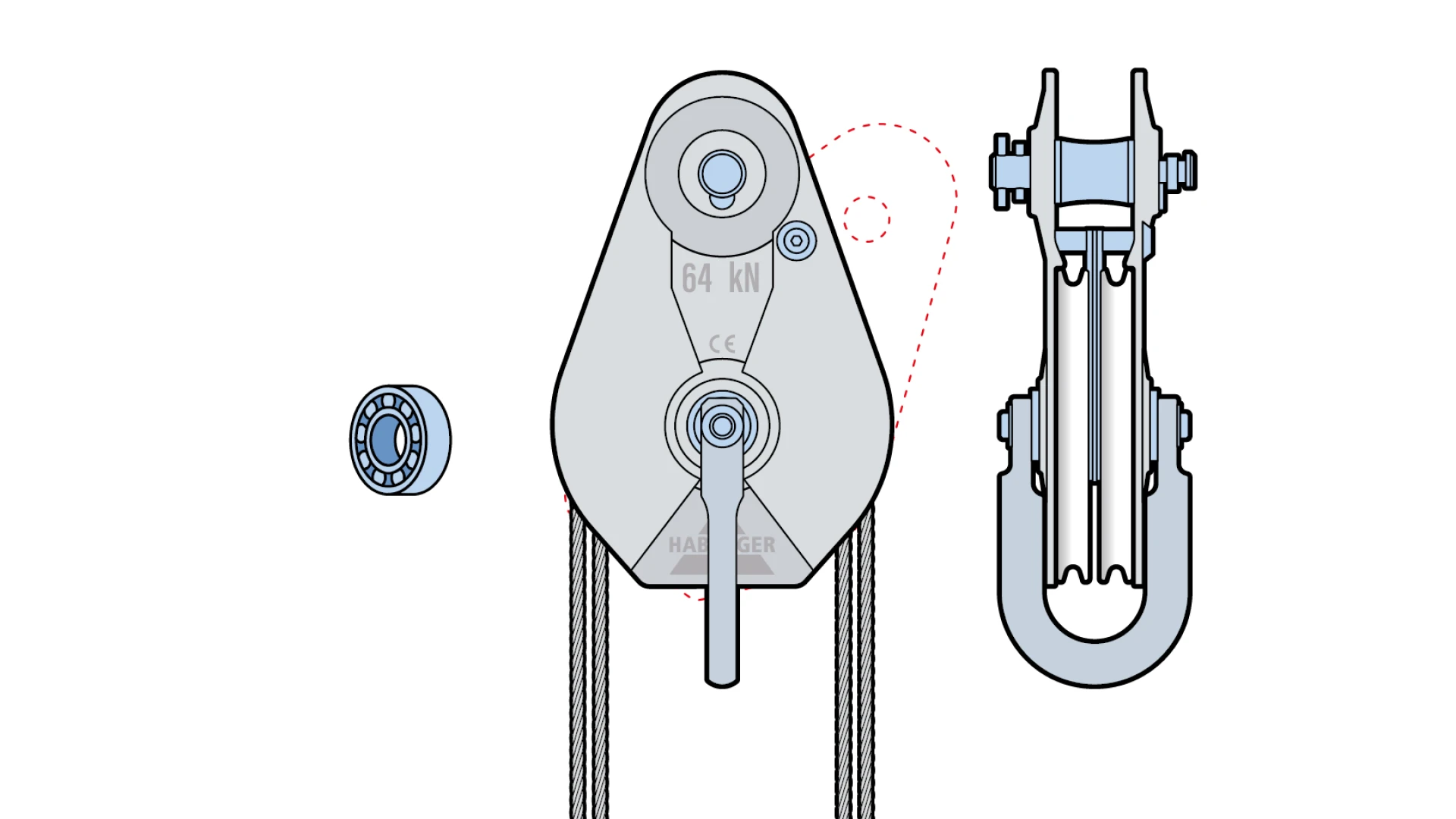 Rope pulley AL-A 2-roller, with ball bearing and anchorage  64 kN
