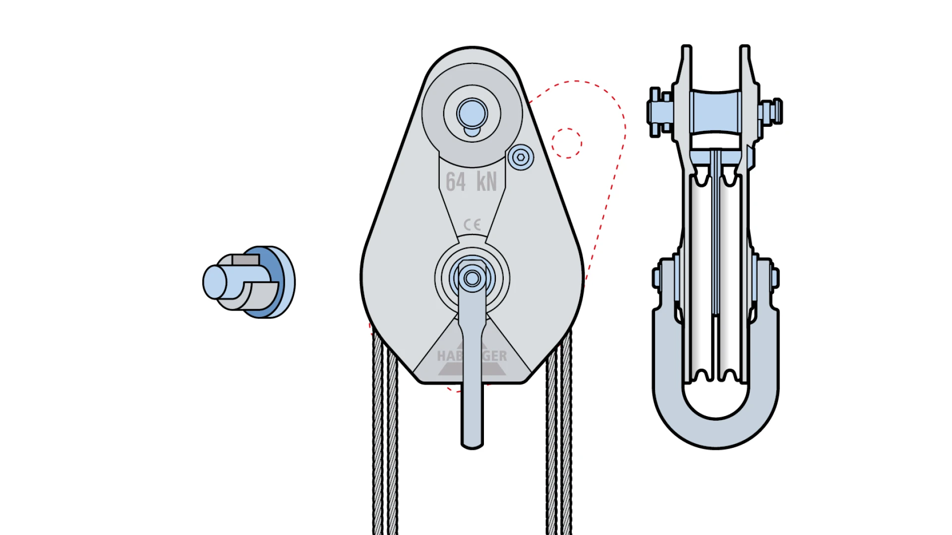 Rope pulley AL-A 2-roller, with plain bearing and anchorage  64 kN
