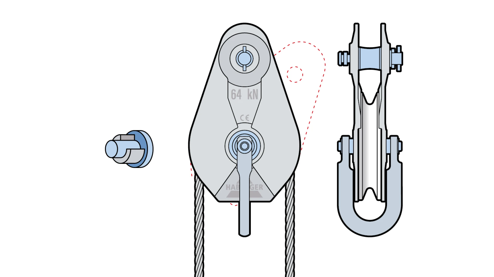Rope pulley AL-A 1-roller, with plain bearing and anchorage  64 kN