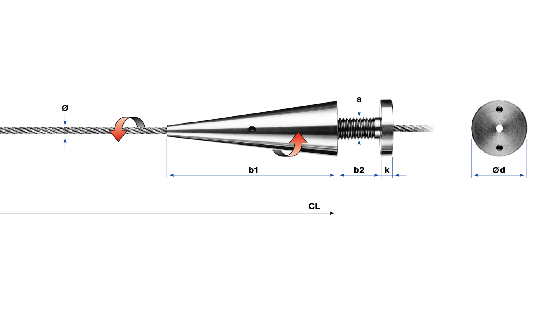 Rope cone with cover disc swivel swaged