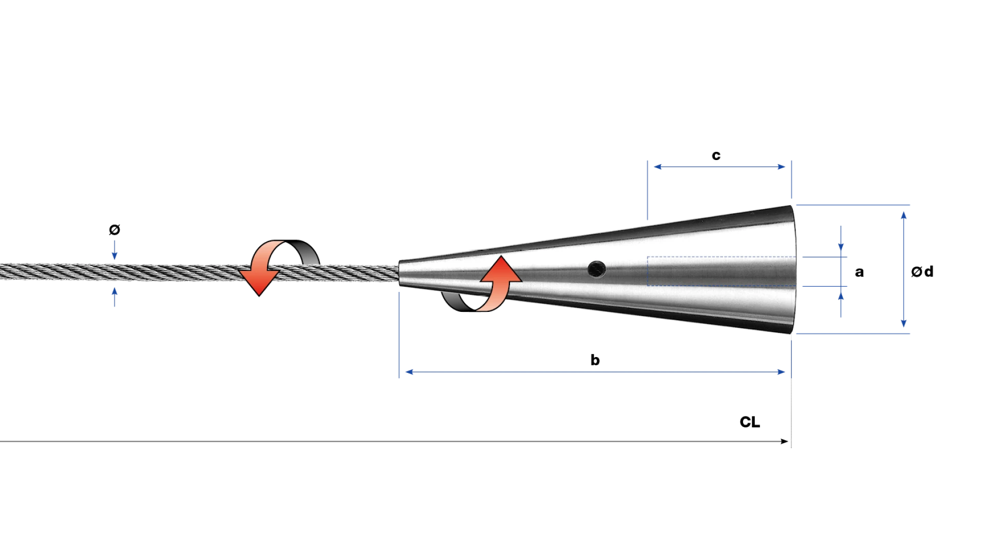 Rope cone with internal thread, swivel swaged