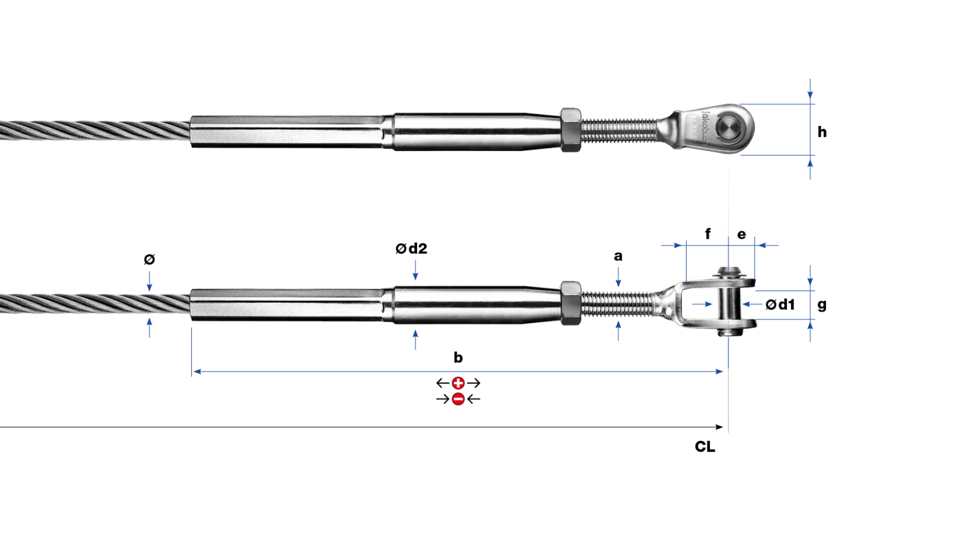 Clevis and internal thread-end left-hand swaged for rope Ø 10 - 16 mm. PHASED-OUT ITEM