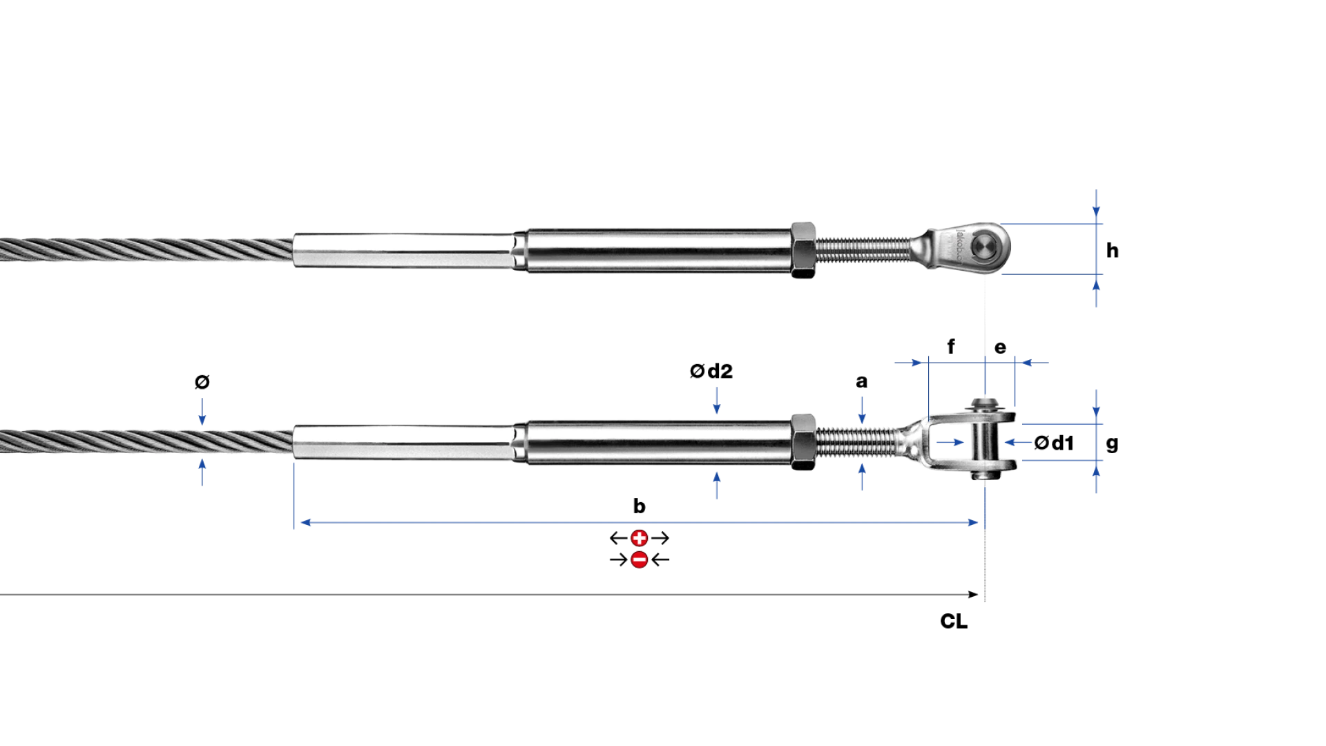 Clevis and internal thread end right-hand swaged for rope Ø 3 - 8 mm. PHASED-OUT ITEM
