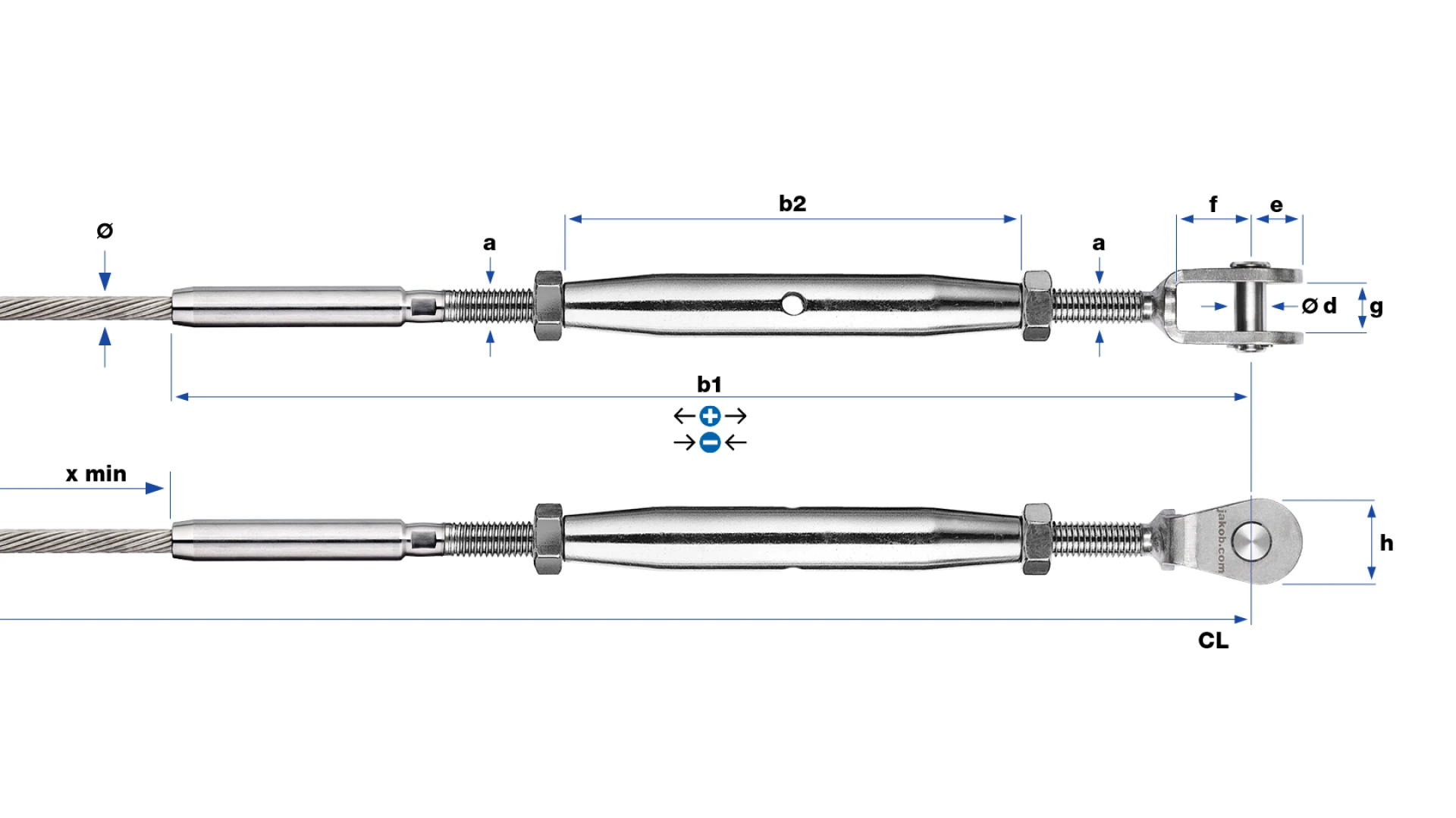 Turnbuckle with clevis Classic round swaged for open spiral strand Ø 8 - 10 mm