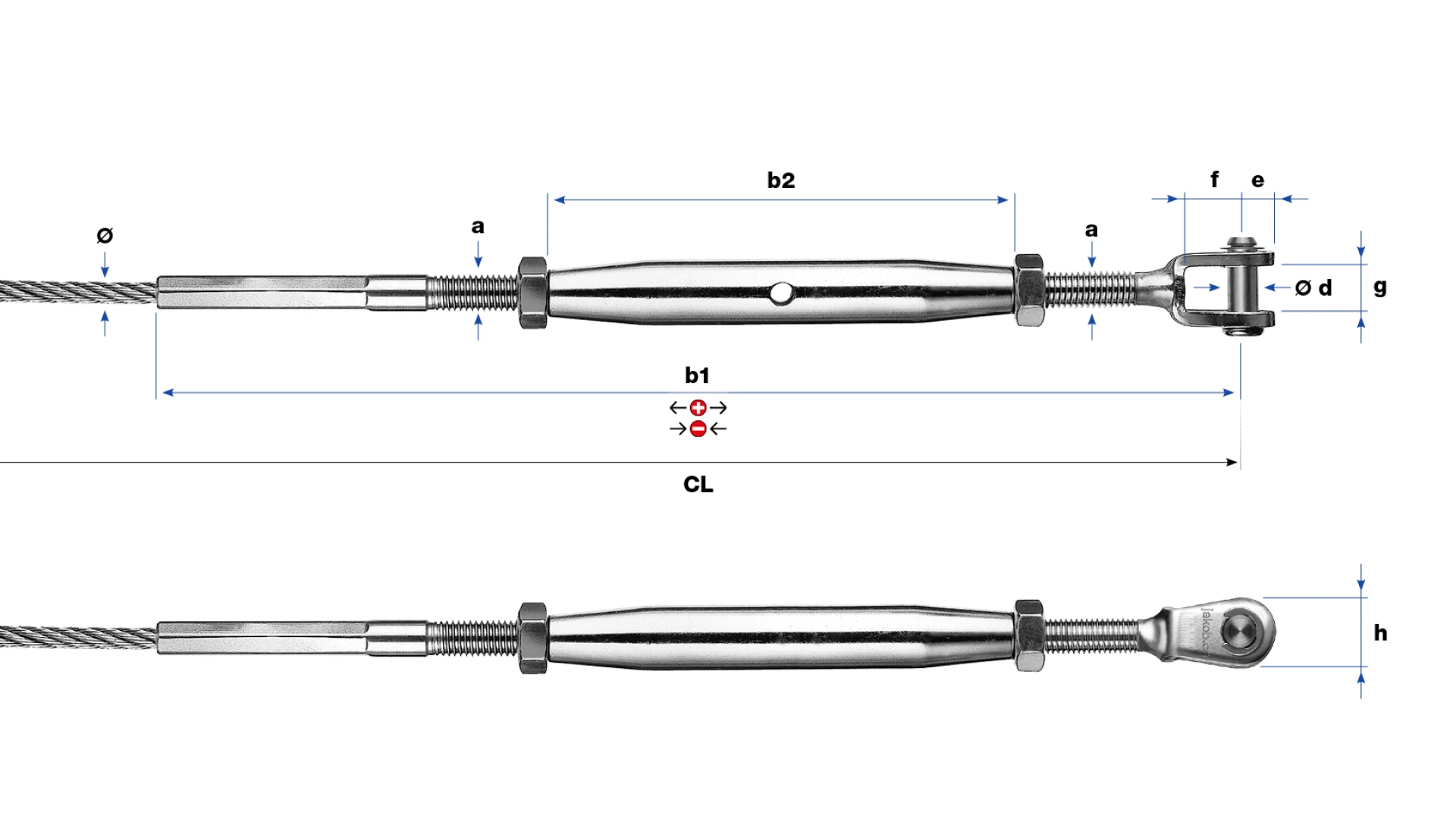 Turnbuckle with clevis swaged for rope Ø 2 - 12 mm. PHASED-OUT ITEM