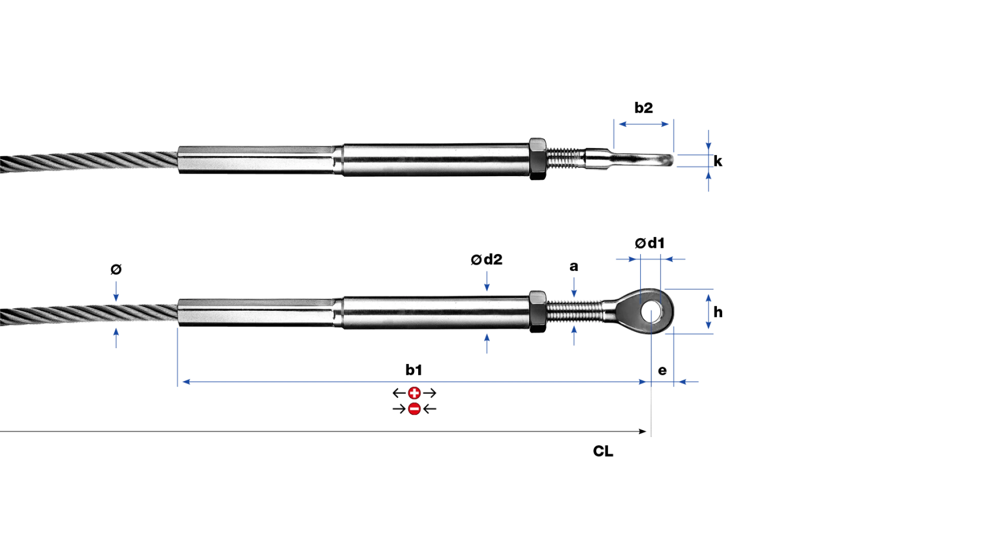 Eye-end and internal thread end left-hand swaged for rope Ø 3 - 8 mm
