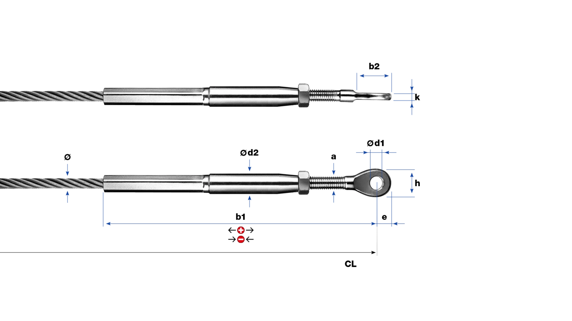 Eye-end and internal thread-end right-hand swaged for rope Ø 10 - 16 mm