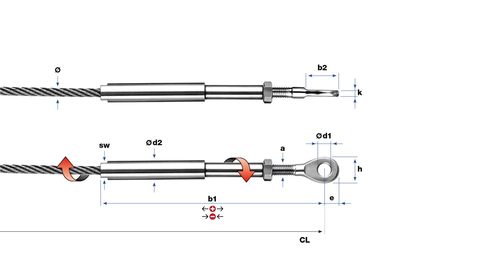 Eye-end and internal thread-end swivel swaged
