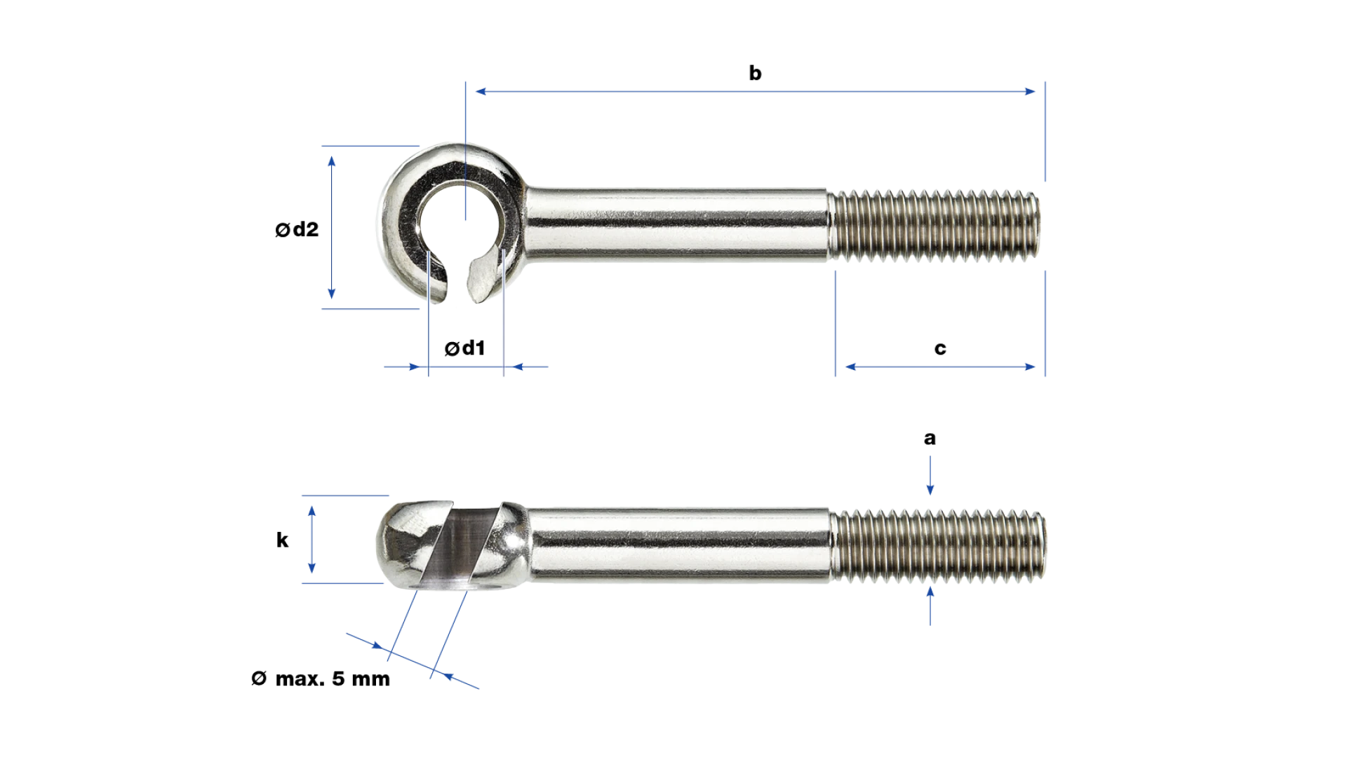 Eye bolt right-hand thread slotted