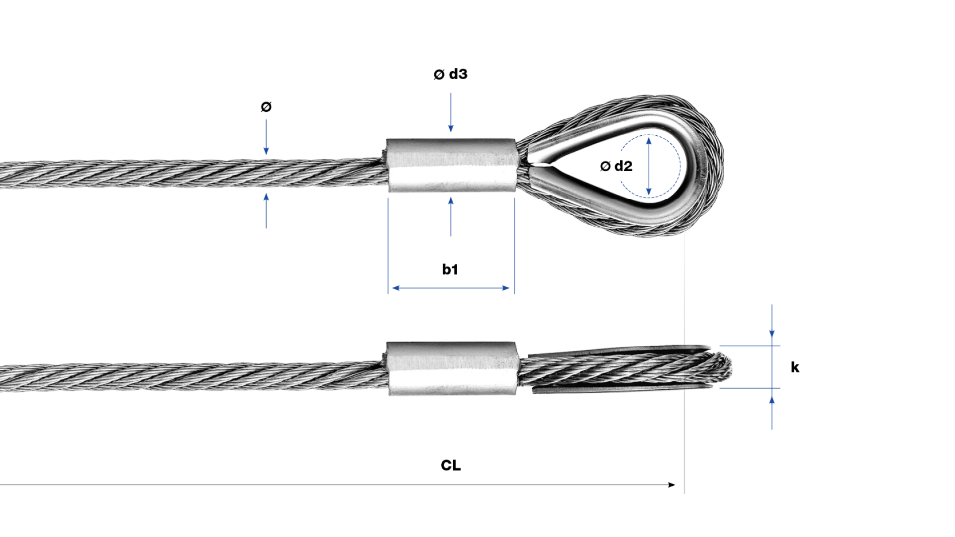 Loop with thimble and alu-sleeve swaged