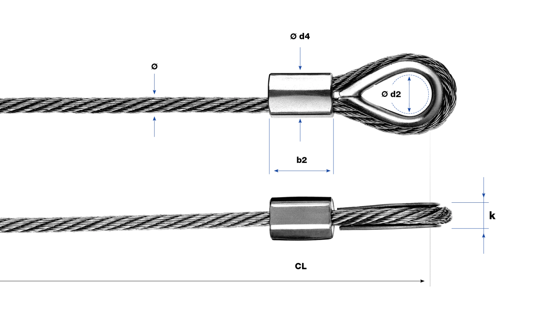 Loop with thimble and stainless steel sleeve swaged