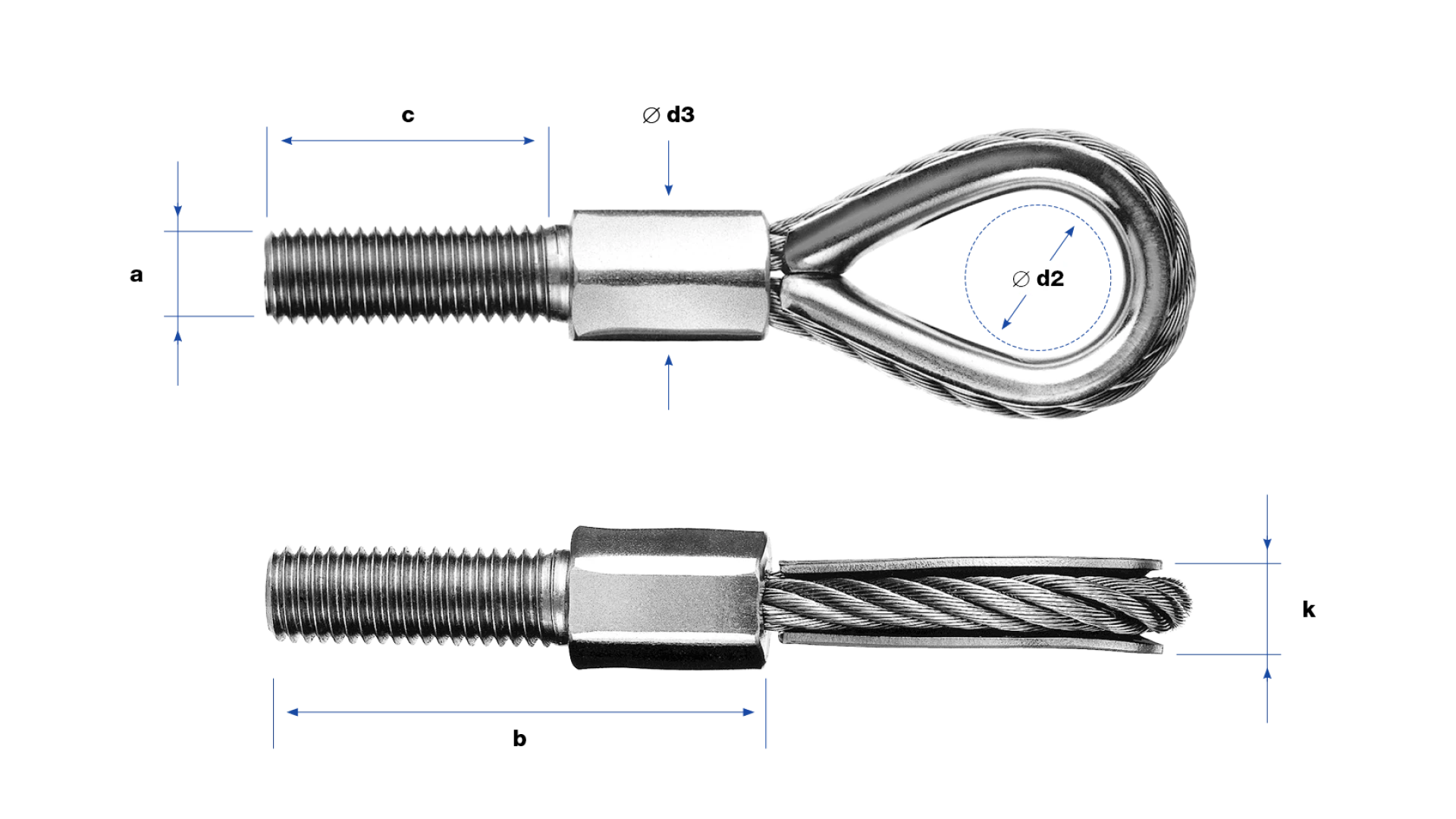 Loop with external thread right-hand compressed with thimble