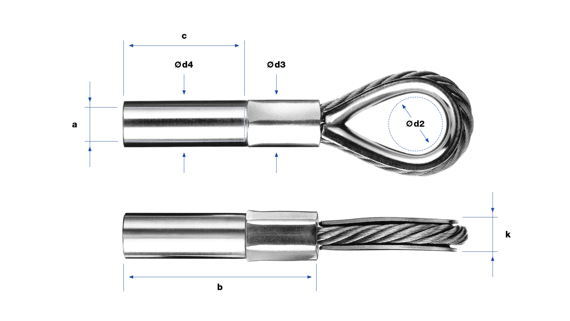 Loop with internal thread right-hand compressed with thimble