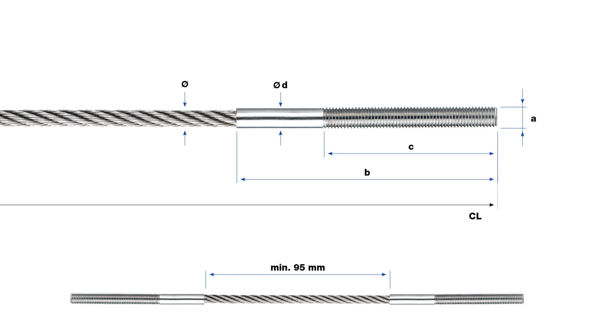 External thread end left-hand Univiss round swaged
