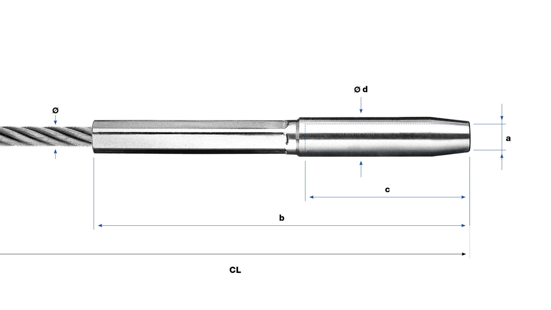 Internal thread end left-hand swaged for rope Ø 10 - 16 mm