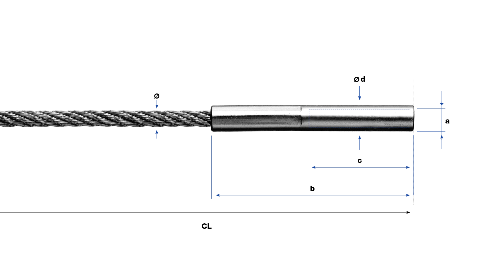 Internal thread end left-hand swaged for rope Ø 2 - 8 mm