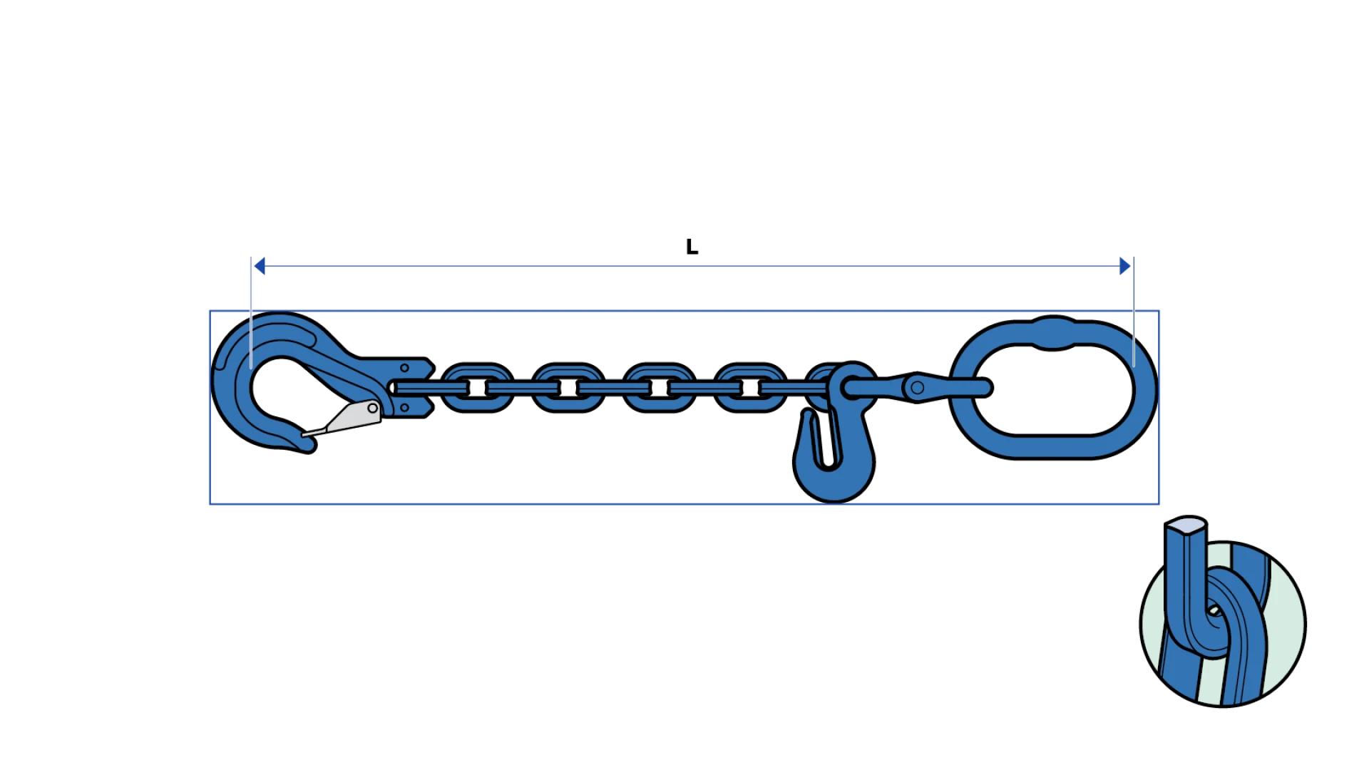 Square-link pulling chain   with suspension link, clevis hook and shortening hook