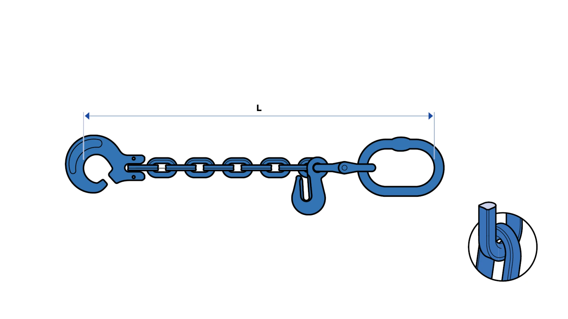 Square-link pulling chain   with suspension link, sling hook and shortening hook
