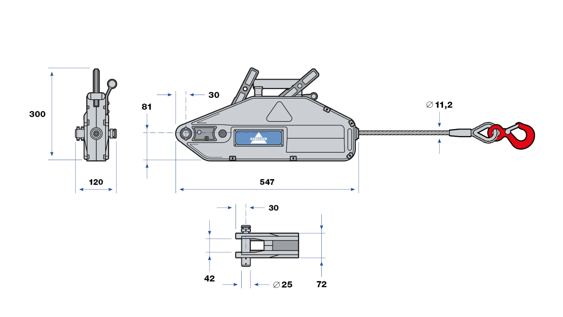 Habegger HIT-16 manual rope hoist  with lever tube and rope on reel