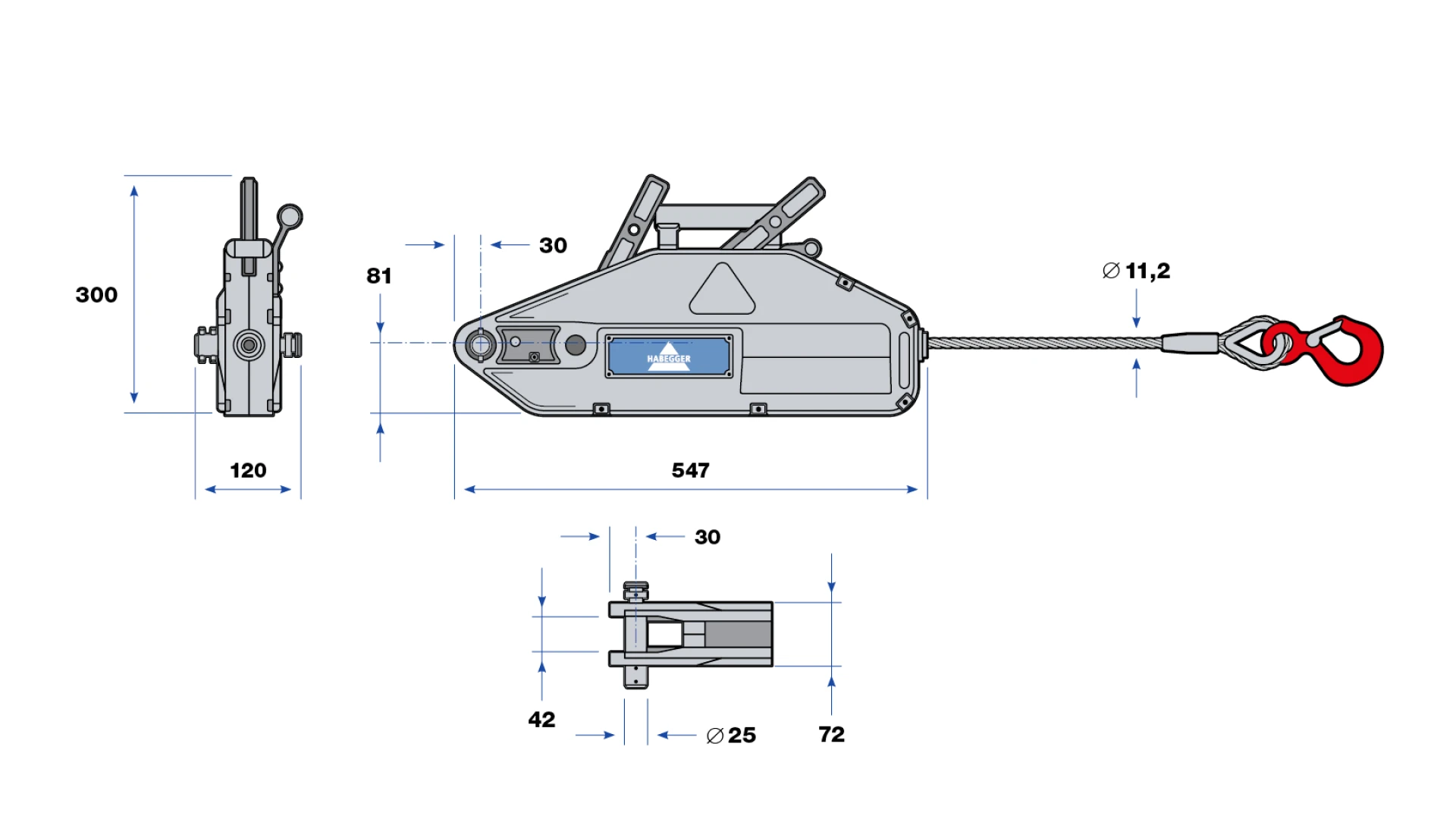 Habegger HIT-16 manual rope hoist  with lever tube, rope and a storage box