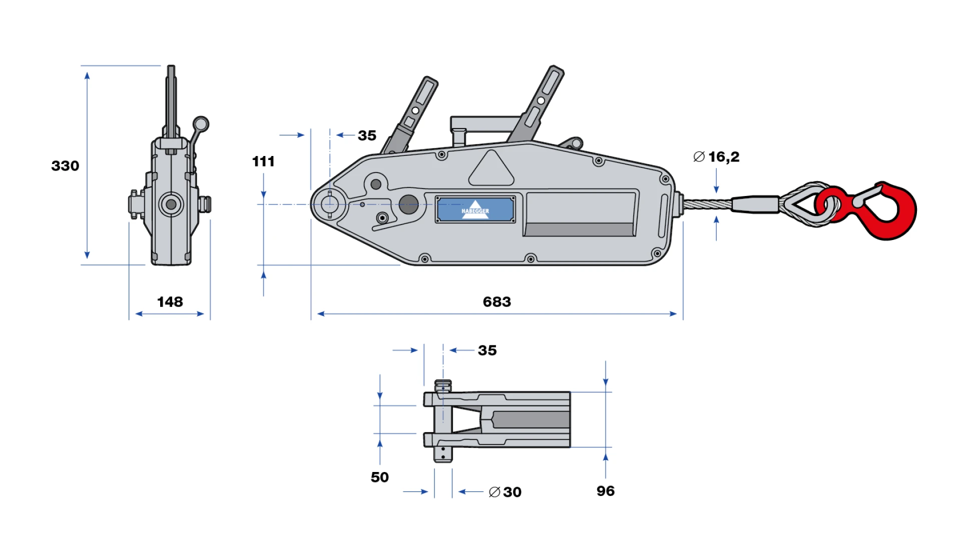 Habegger HIT-32 manual rope hoist  with lever tube, rope and a storage box