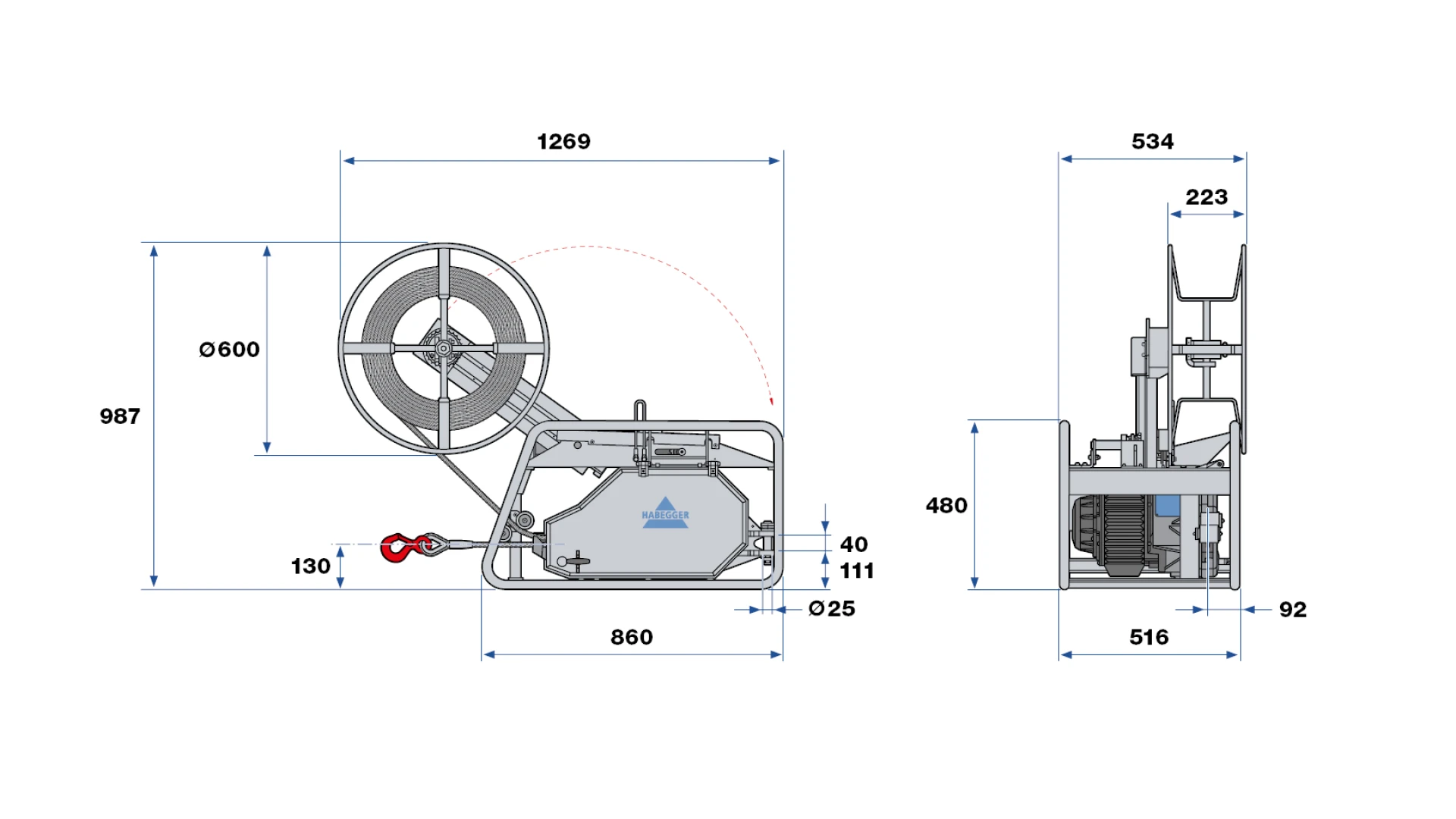 Habegger HIT-TRAC 16E electric motorized rope hoist  mit Haspelantrieb im Rohrgestell