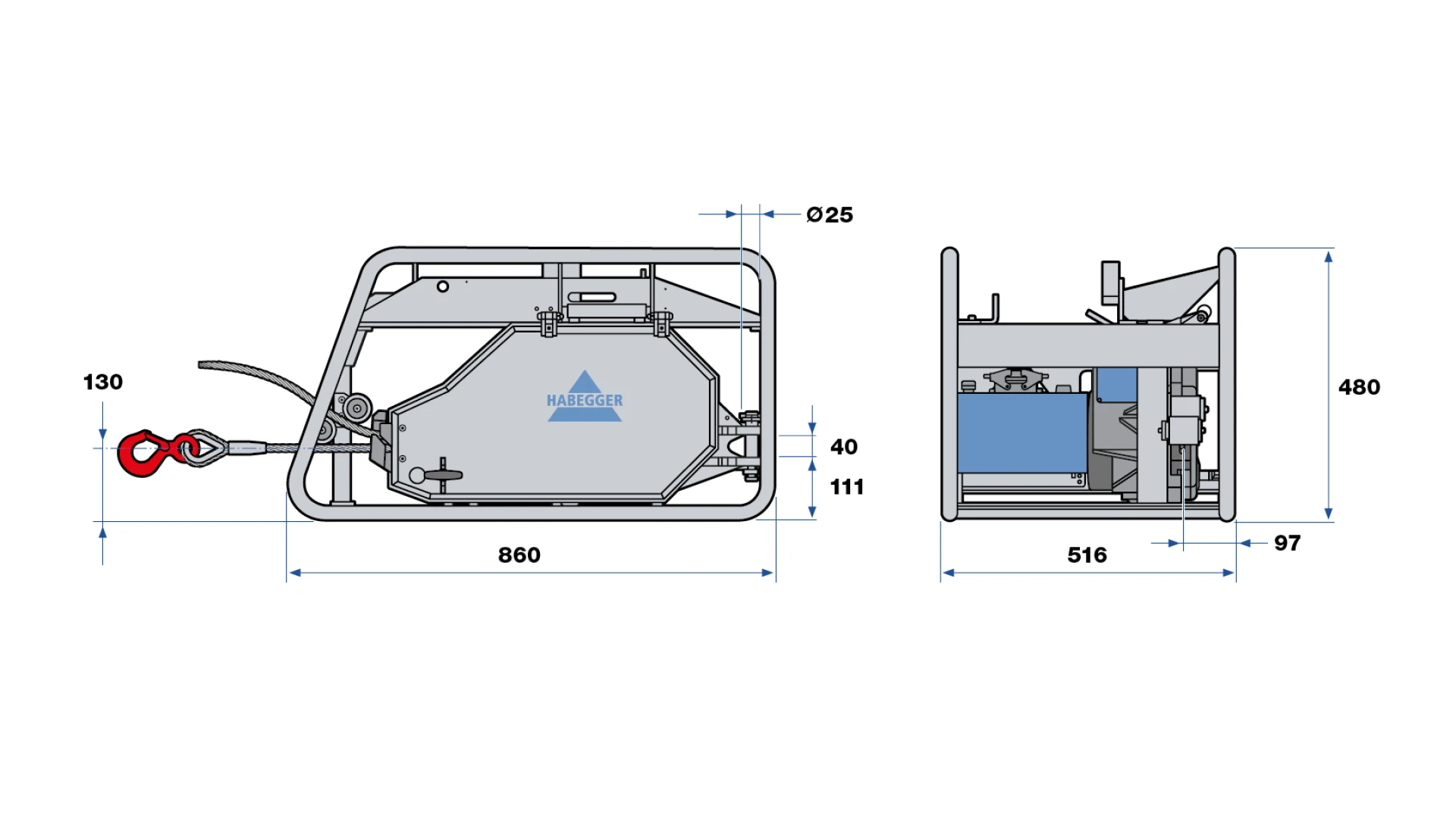 Habegger HIT-TRAC 16E neo electric motorized rope hoist  in tube frame