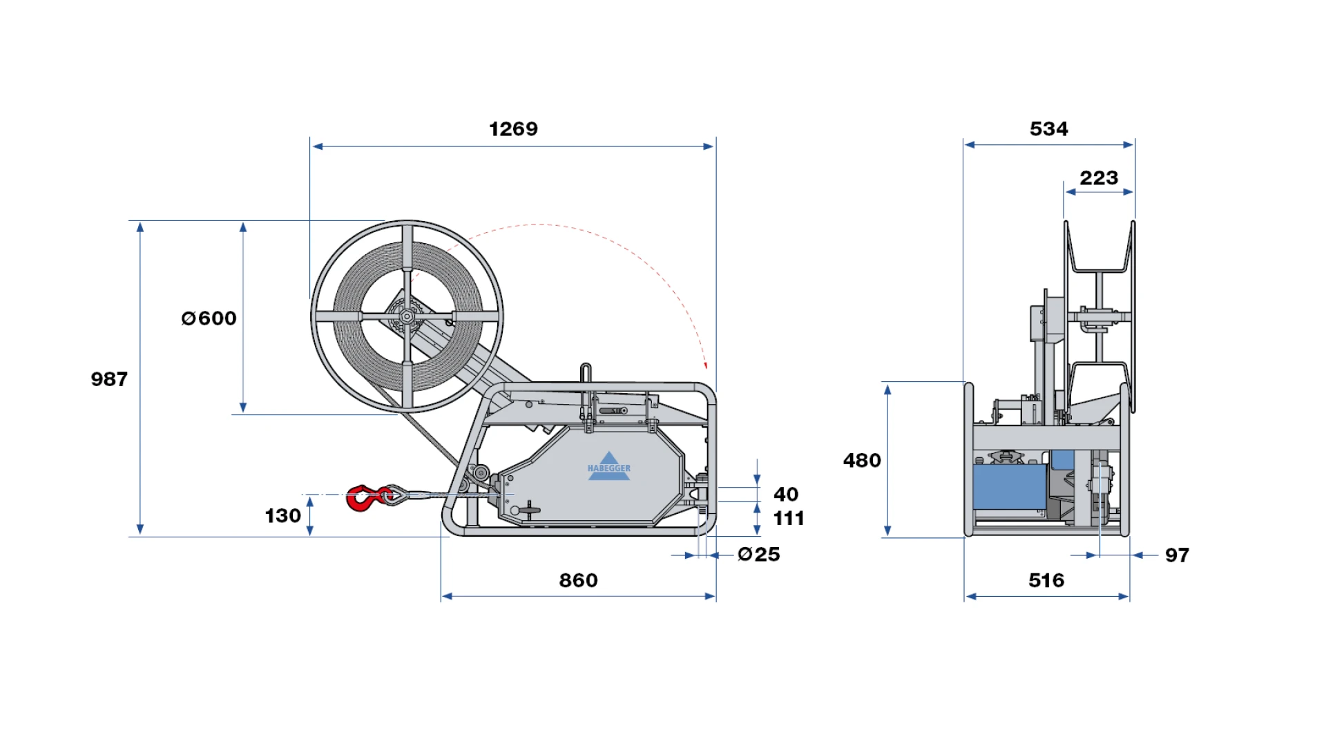 Habegger HIT-TRAC 16E neo electric motorized rope hoist  mit Haspelantrieb im Rohrgestell