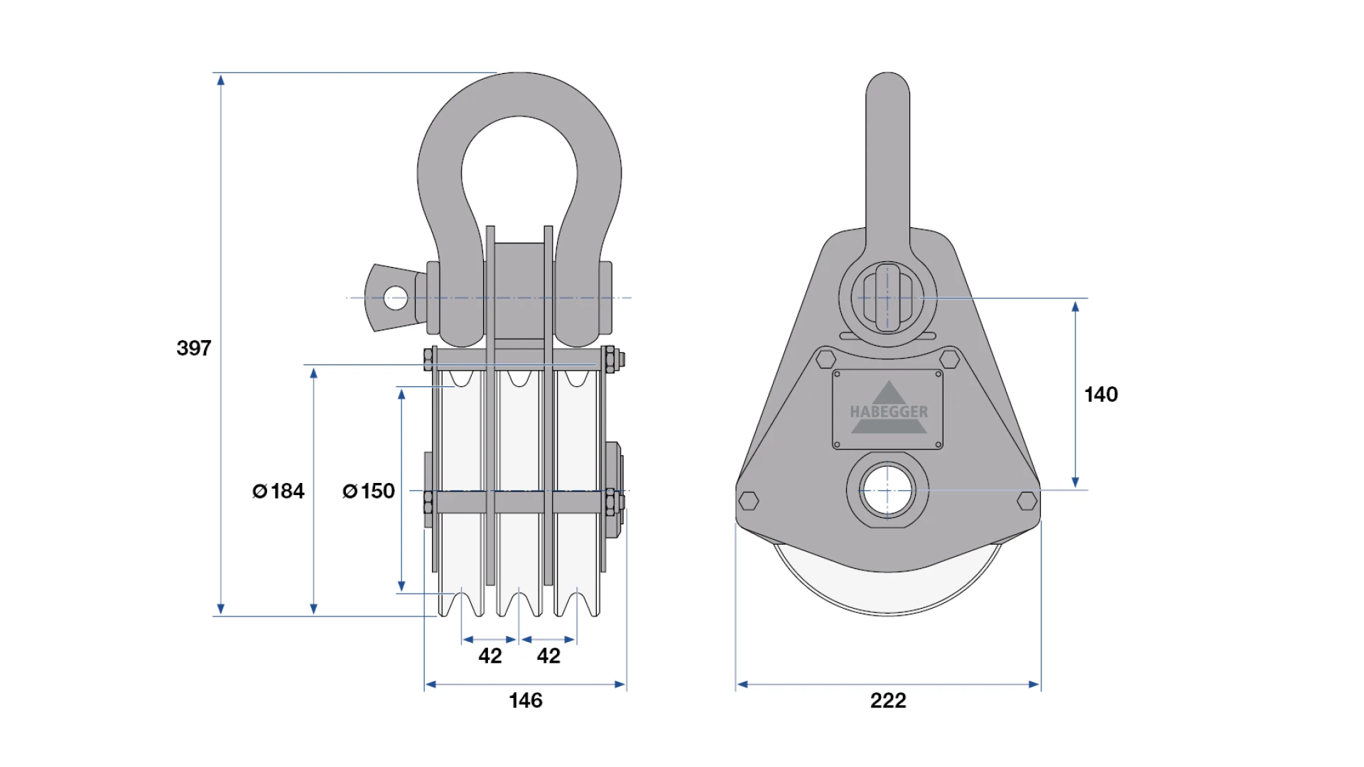 Pulley block 3-roller  96 kN for rope Ø 11.2 mm