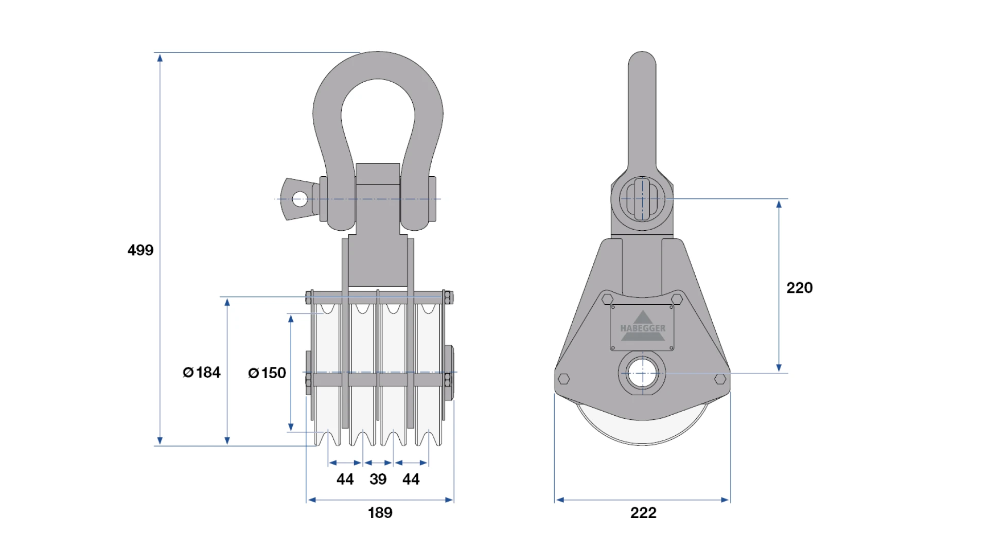 Pulley block 4-roller  128 kN for rope Ø 11.2 mm