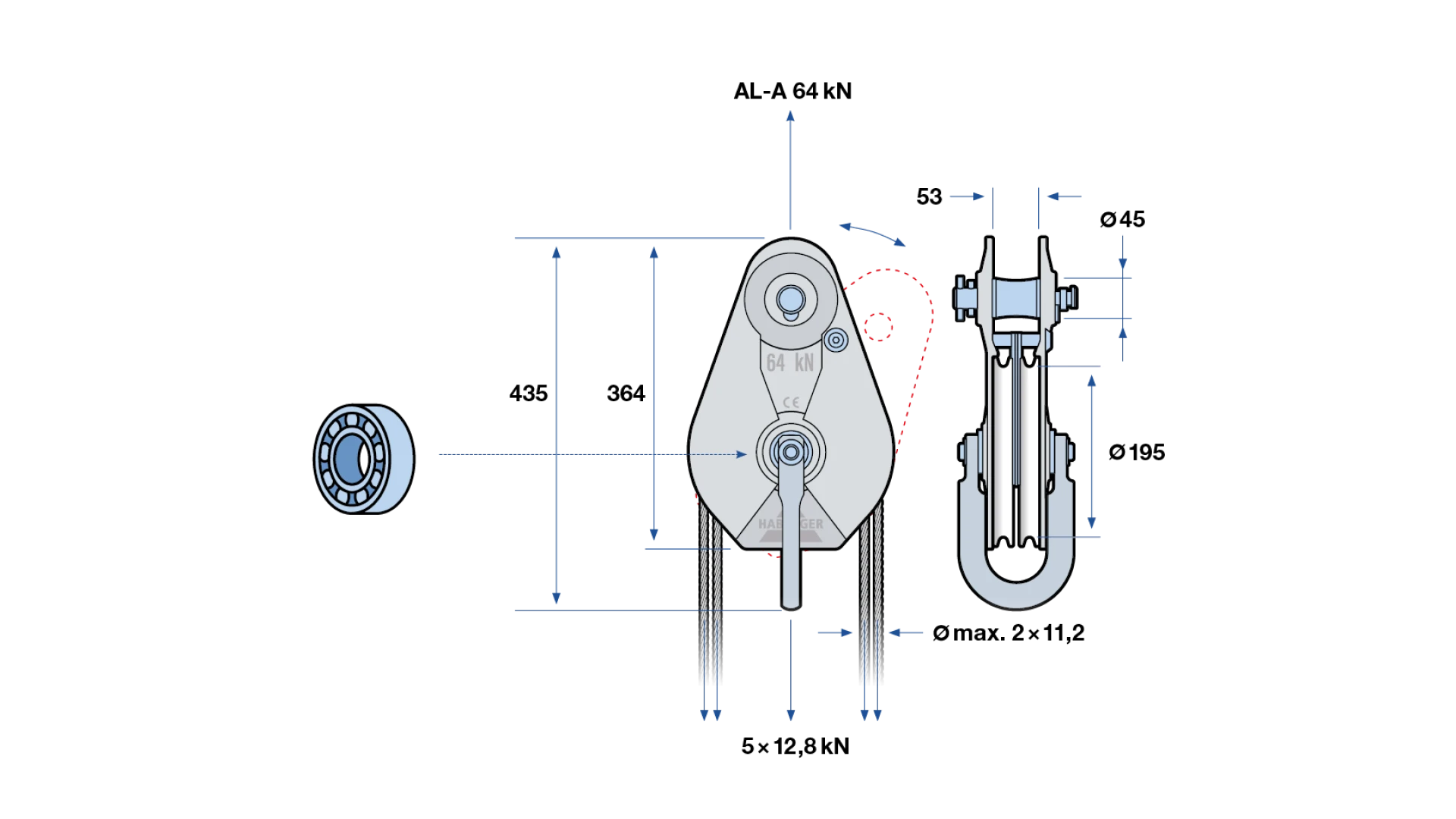 Rope pulley AL-A 2-roller, with ball bearing and anchorage  64 kN