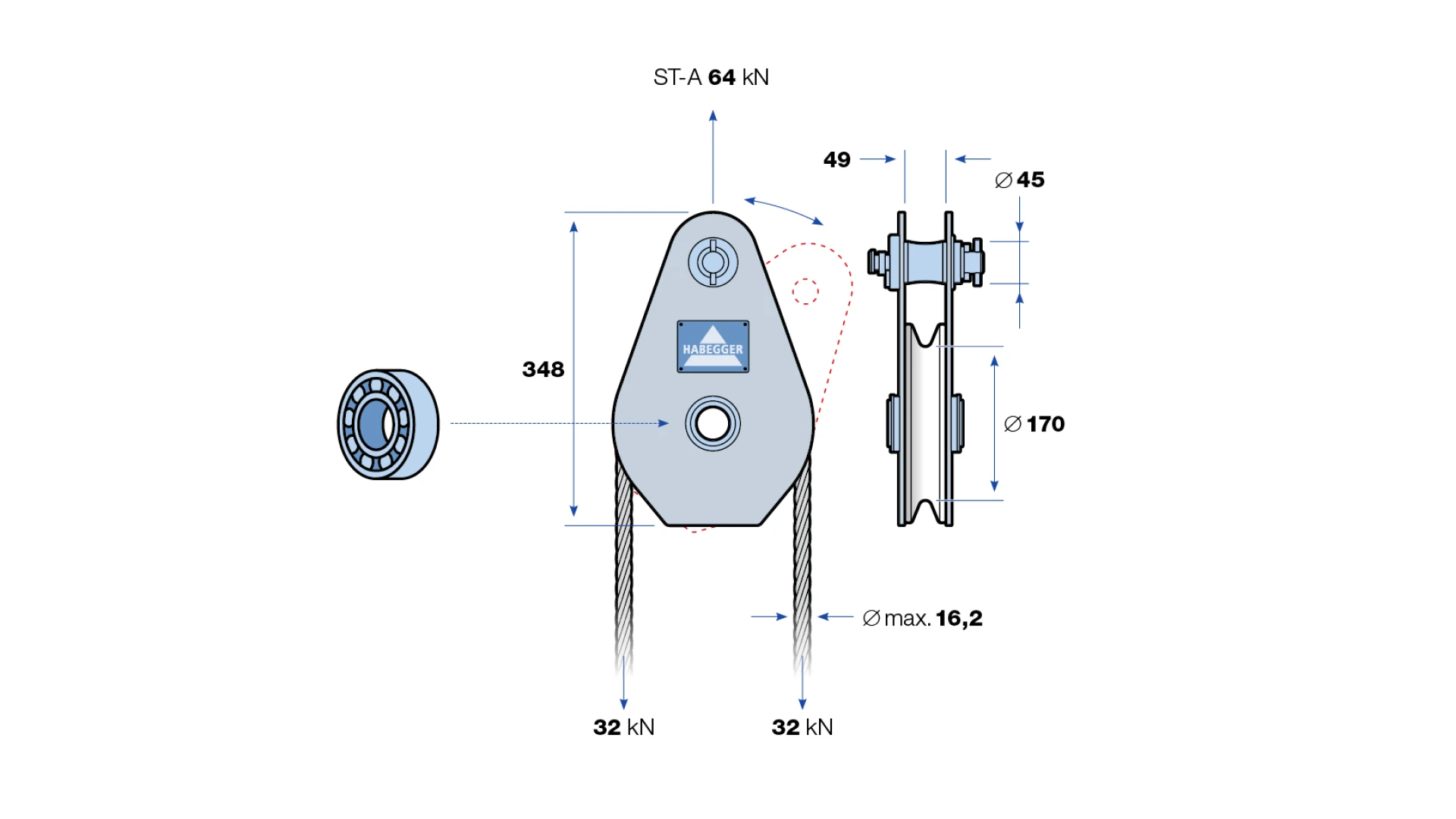 Rope pulley ST-A 1-roller, with ball bearing  64 kN
