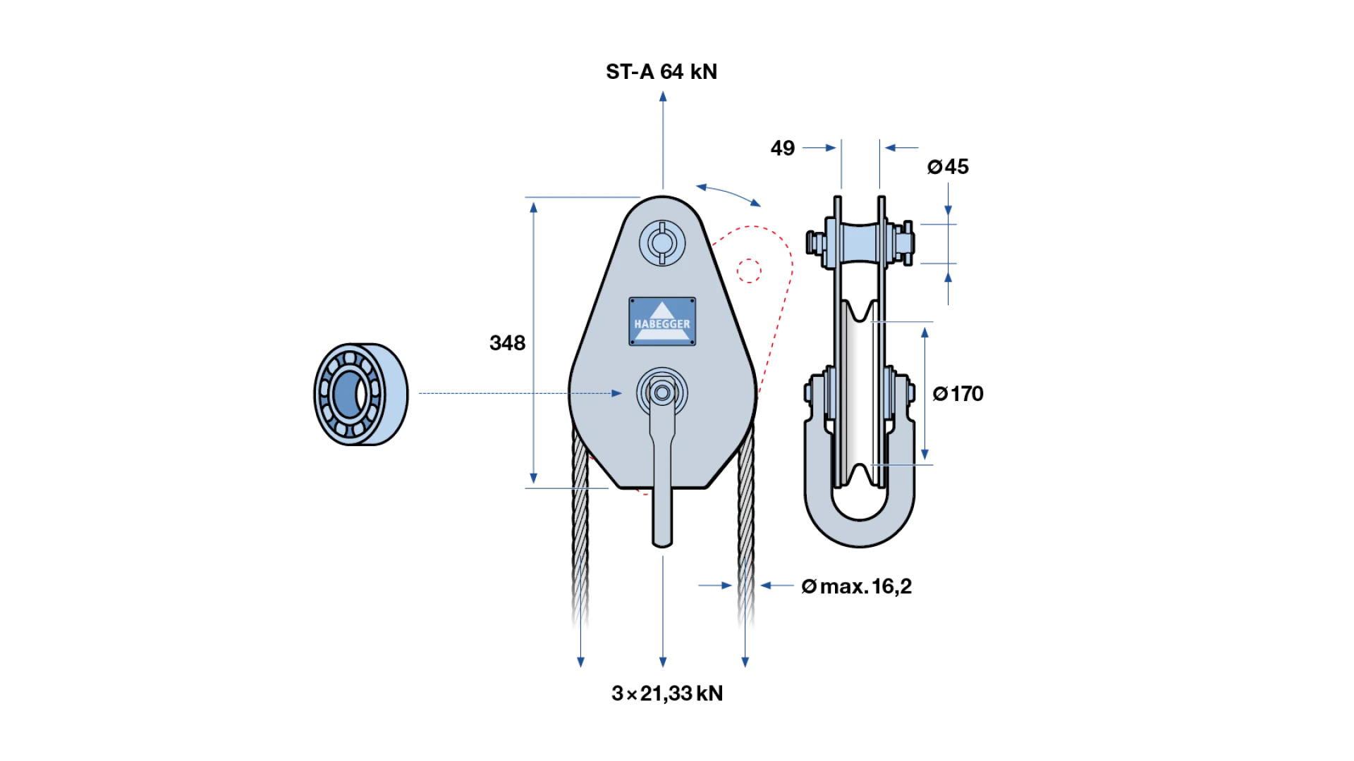 Rope pulley ST-A 1-roller, with ball bearing and anchorage  64 kN