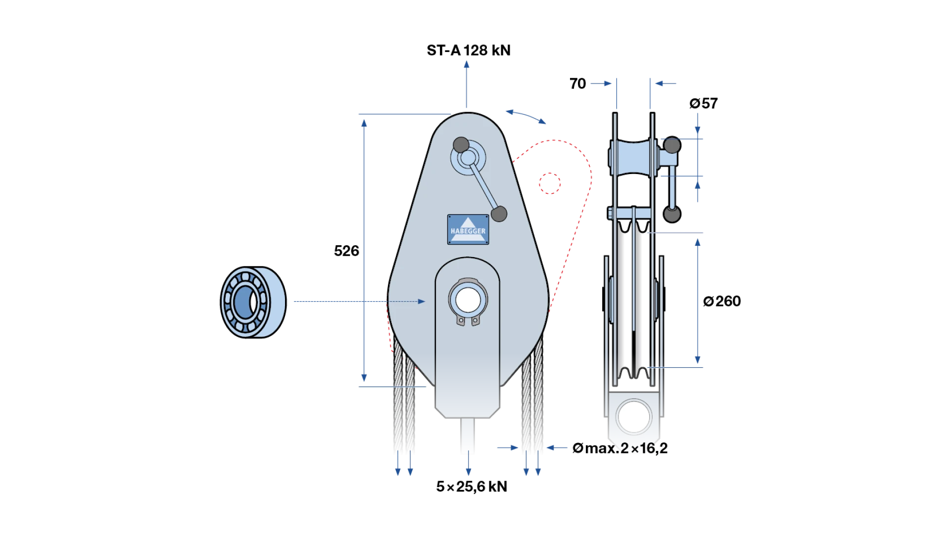 Rope pulley ST-A 2-roller, with ball bearing and anchorage  128 kN