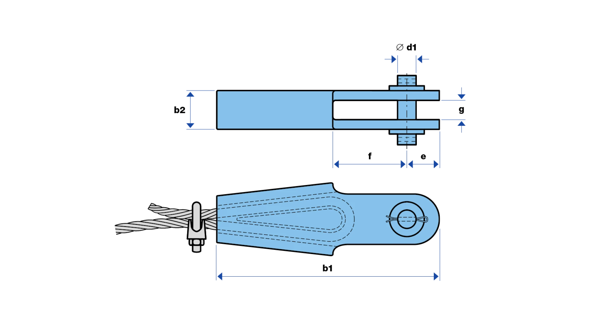 Rope socket with wedge and wire rope clip