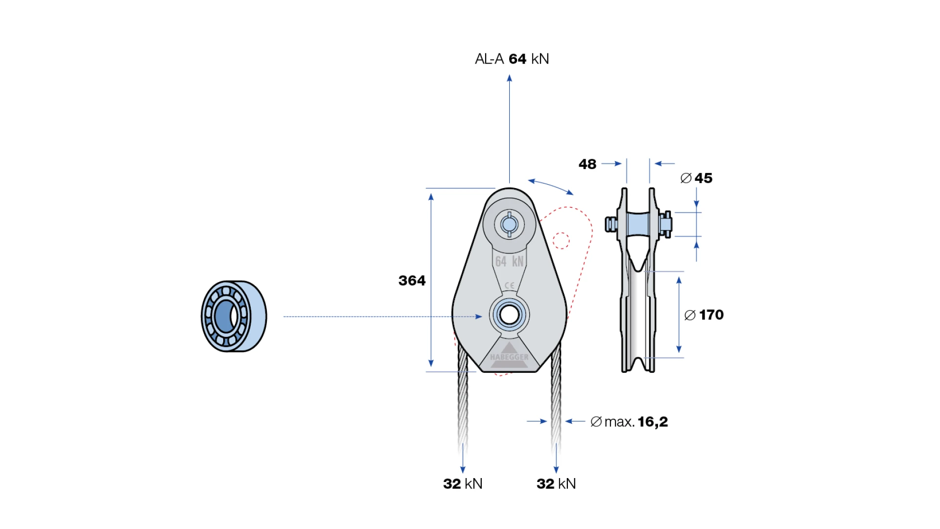 Rope pulley AL-A 1-roller, with ball bearing  64 kN