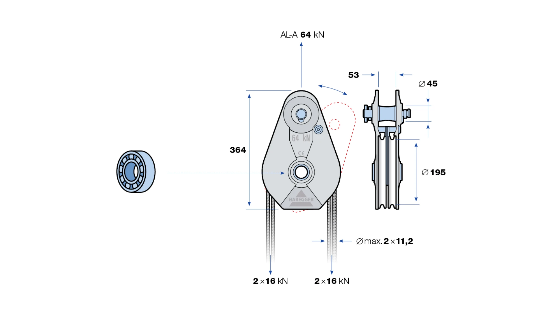 Rope pulley AL-A 2-roller, with ball bearing  64 kN